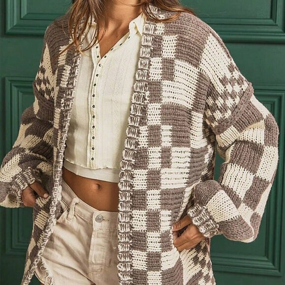 Brown Casual Women's Open Front Mixed Checkered Pattern Knit Cardigan - Picture 1 of 6